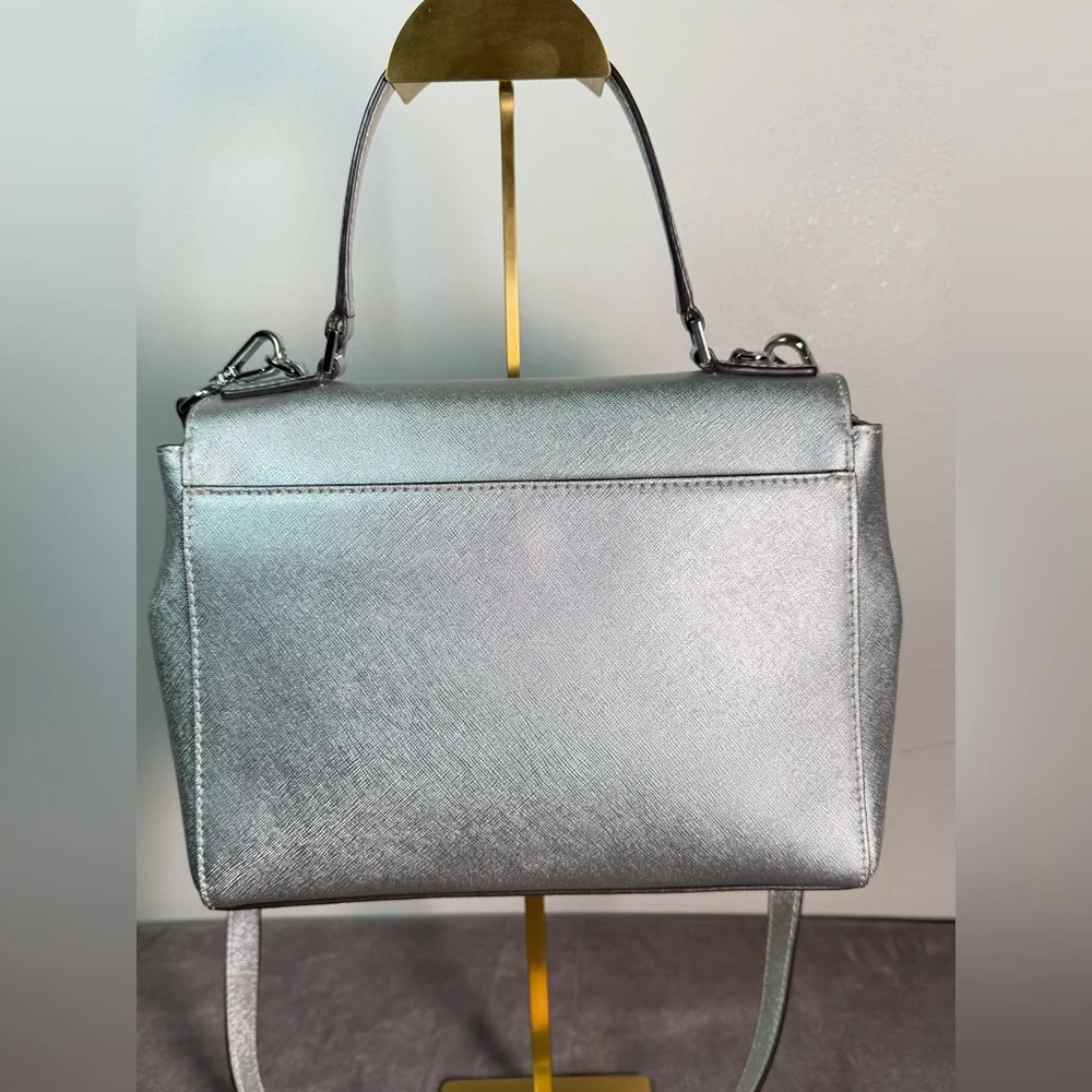 Michael Kors satchel crossbody Saffiano leather metallic silver crystal floral - Picture 7 of 16